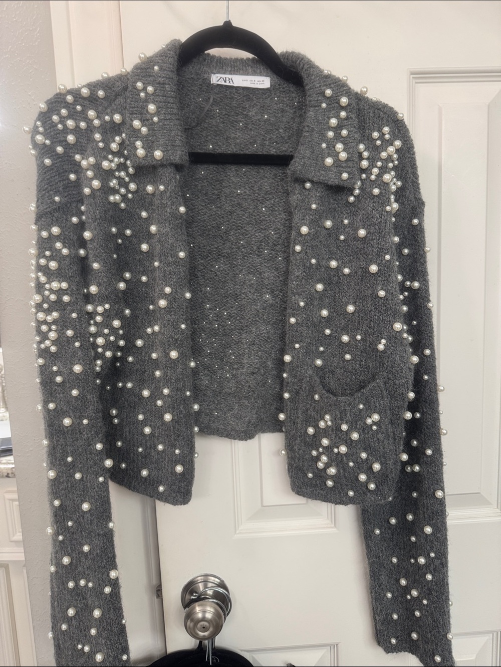 Zara Gray Pearl-Studded Cropped Knit Blazer